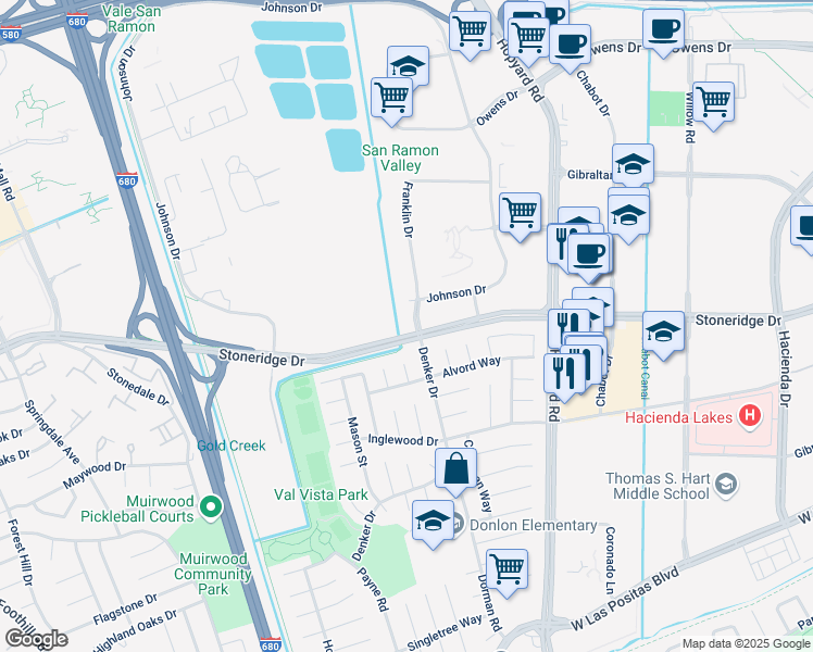 map of restaurants, bars, coffee shops, grocery stores, and more near 4696 Corday Court in Pleasanton