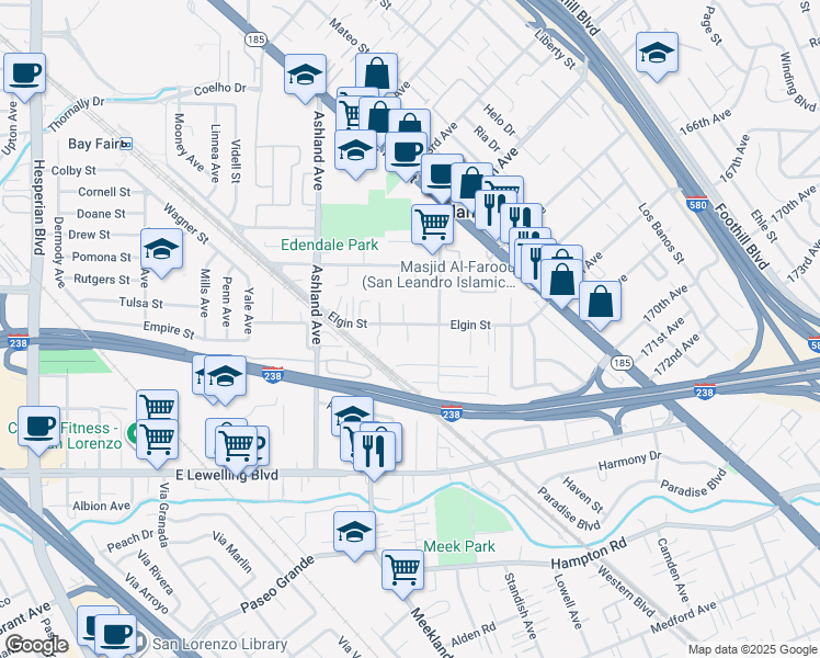 map of restaurants, bars, coffee shops, grocery stores, and more near 927 Lynn Court in San Lorenzo