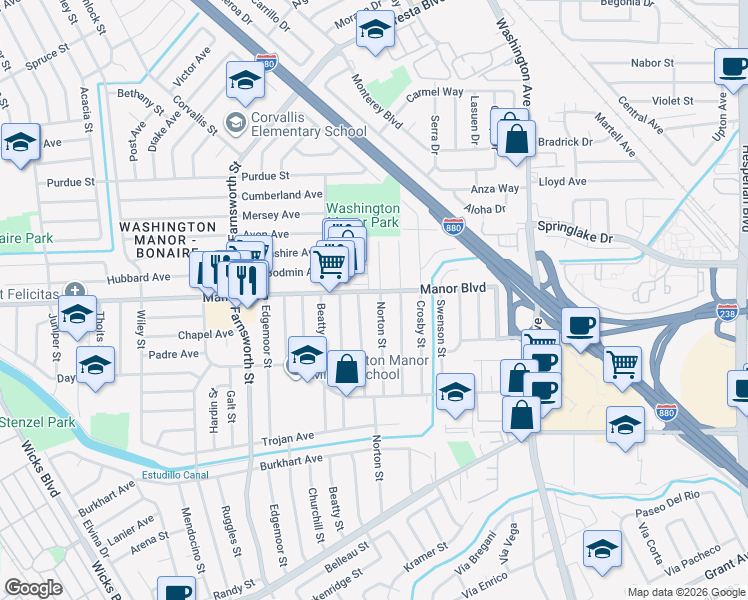 map of restaurants, bars, coffee shops, grocery stores, and more near 15001 Norton Street in San Leandro