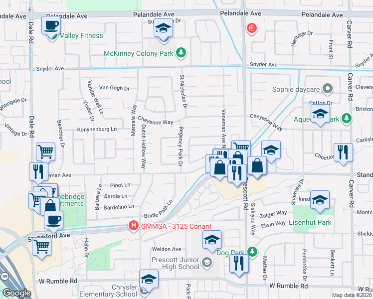 map of restaurants, bars, coffee shops, grocery stores, and more near 3525 Blackstone Way in Modesto
