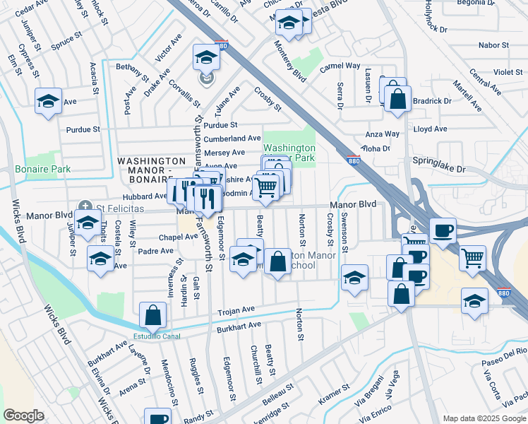 map of restaurants, bars, coffee shops, grocery stores, and more near 1002 Manor Boulevard in San Leandro