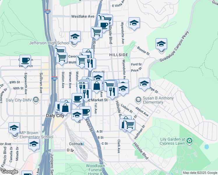 map of restaurants, bars, coffee shops, grocery stores, and more near 141 3rd Avenue in Daly City