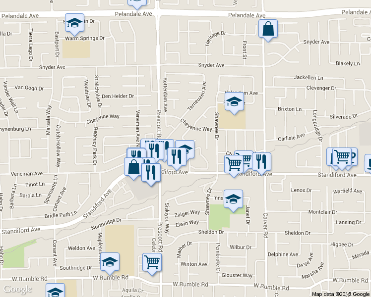 map of restaurants, bars, coffee shops, grocery stores, and more near 3525 San Clemente Avenue in Modesto