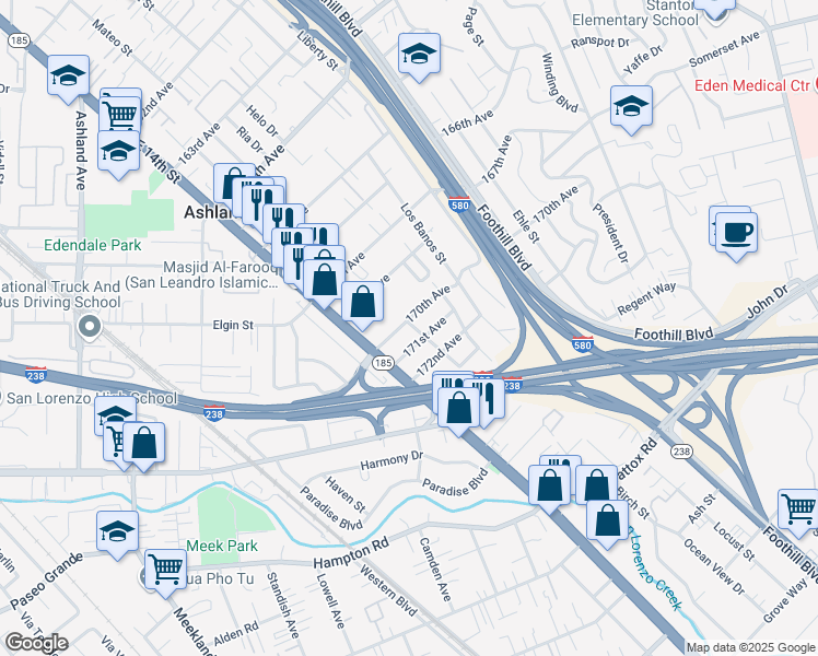 map of restaurants, bars, coffee shops, grocery stores, and more near 1470 171st Avenue in Hayward