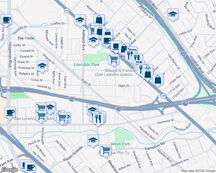 map of restaurants, bars, coffee shops, grocery stores, and more near 927 Lynn Court in San Lorenzo