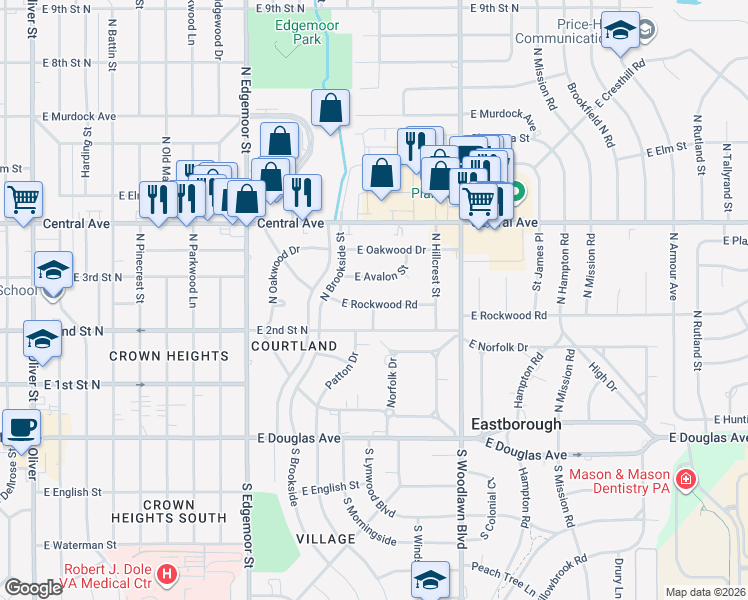 map of restaurants, bars, coffee shops, grocery stores, and more near 5922 East 2nd Street North in Wichita