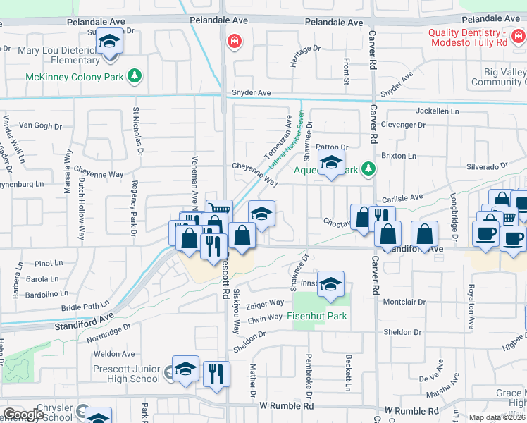 map of restaurants, bars, coffee shops, grocery stores, and more near 3537 San Clemente Avenue in Modesto