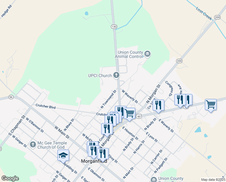 map of restaurants, bars, coffee shops, grocery stores, and more near 520 North Townsend Street in Morganfield