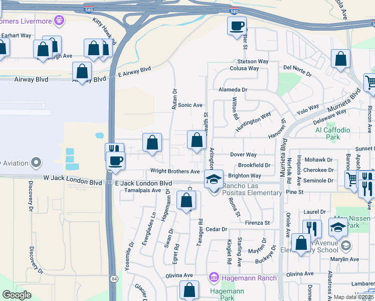 map of restaurants, bars, coffee shops, grocery stores, and more near 330 Wright Brothers Avenue in Livermore