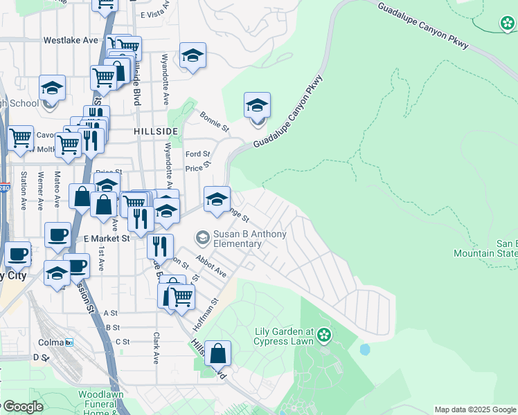 map of restaurants, bars, coffee shops, grocery stores, and more near 4 Royce Way in Daly City
