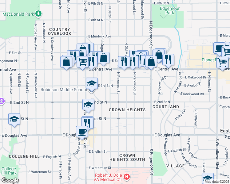 map of restaurants, bars, coffee shops, grocery stores, and more near 5100-5198 E 3rd Street North in Wichita
