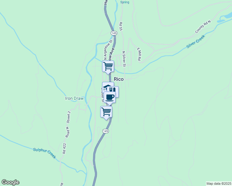 map of restaurants, bars, coffee shops, grocery stores, and more near 26-198 South Commercial Street in Rico
