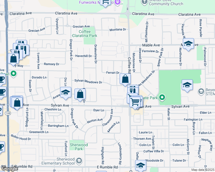 map of restaurants, bars, coffee shops, grocery stores, and more near 1006 Sylvan Meadows Drive in Modesto