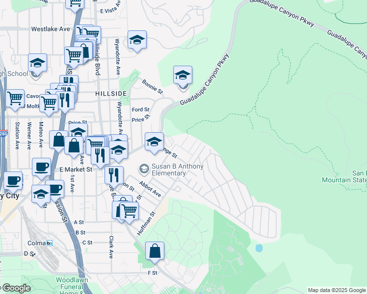 map of restaurants, bars, coffee shops, grocery stores, and more near 4 Royce Way in Daly City