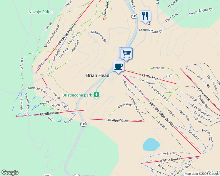 map of restaurants, bars, coffee shops, grocery stores, and more near 312 Utah 143 in Brian Head
