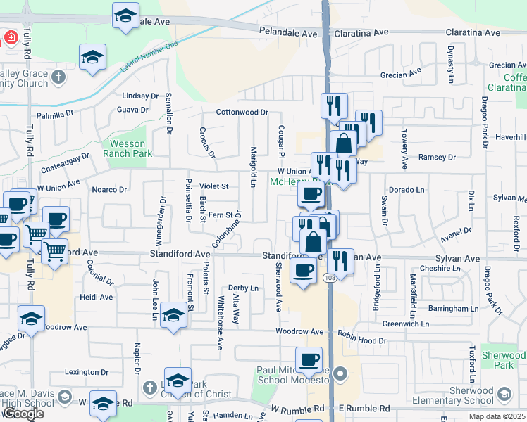 map of restaurants, bars, coffee shops, grocery stores, and more near 3721 Marigold Lane in Modesto