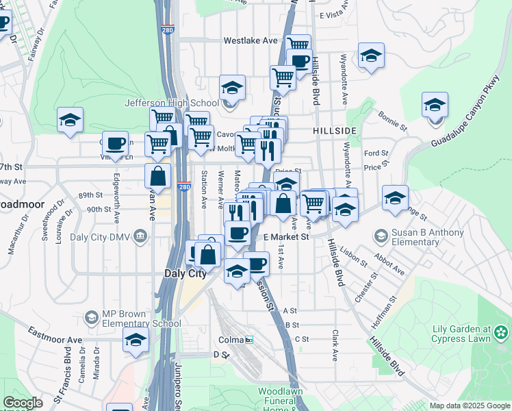 map of restaurants, bars, coffee shops, grocery stores, and more near 180 Bruno Avenue in Daly City