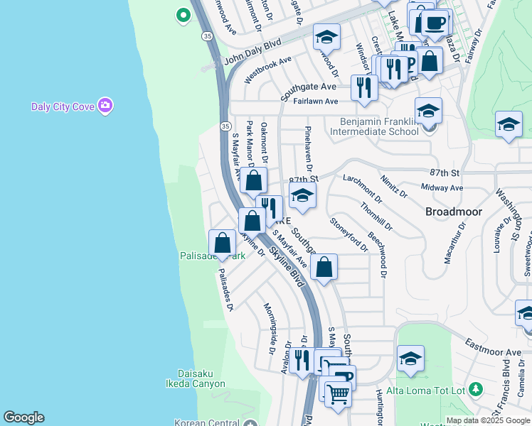 map of restaurants, bars, coffee shops, grocery stores, and more near 117 Brooklawn Avenue in Daly City