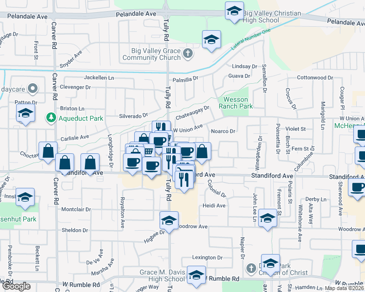 map of restaurants, bars, coffee shops, grocery stores, and more near 1212 West Union Avenue in Modesto