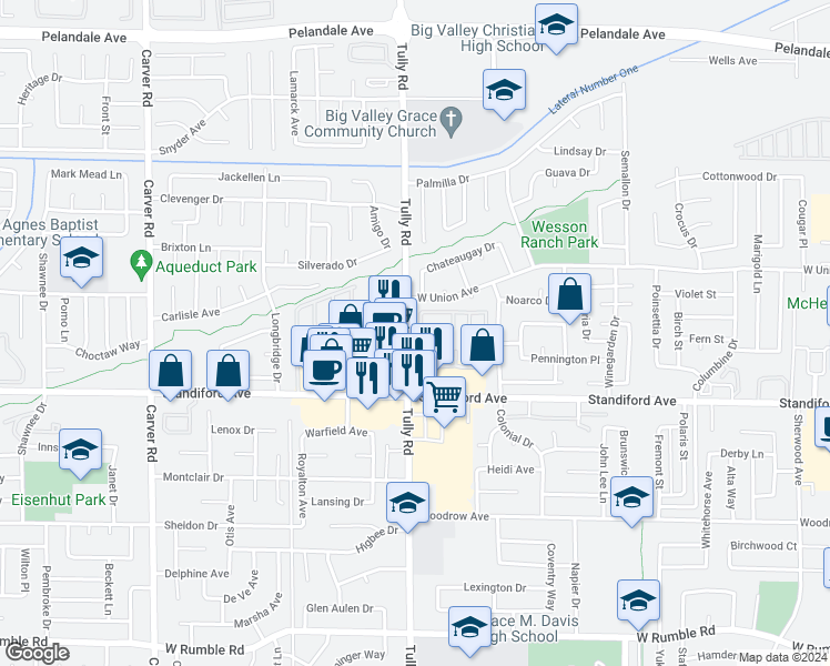map of restaurants, bars, coffee shops, grocery stores, and more near 3700 Tully Road in Modesto