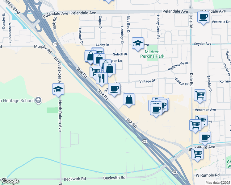map of restaurants, bars, coffee shops, grocery stores, and more near 3424 Vintage Drive in Modesto