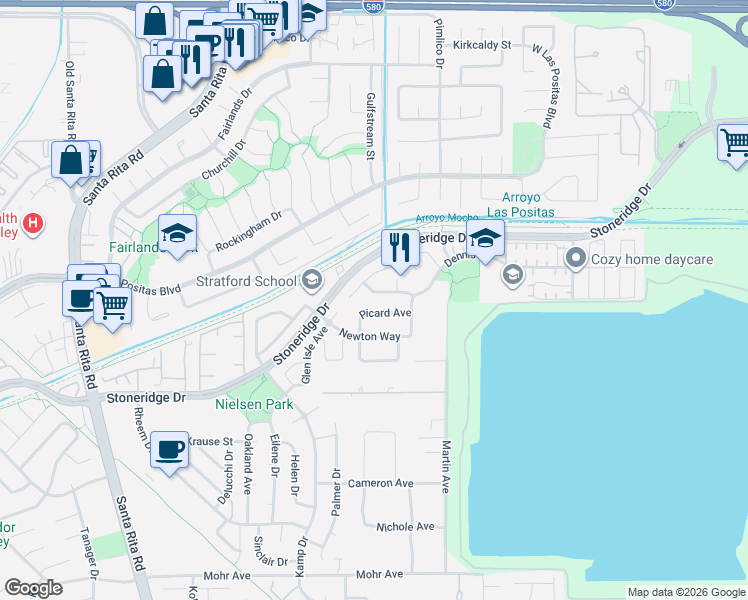 map of restaurants, bars, coffee shops, grocery stores, and more near 3569 Rathbone Way in Pleasanton