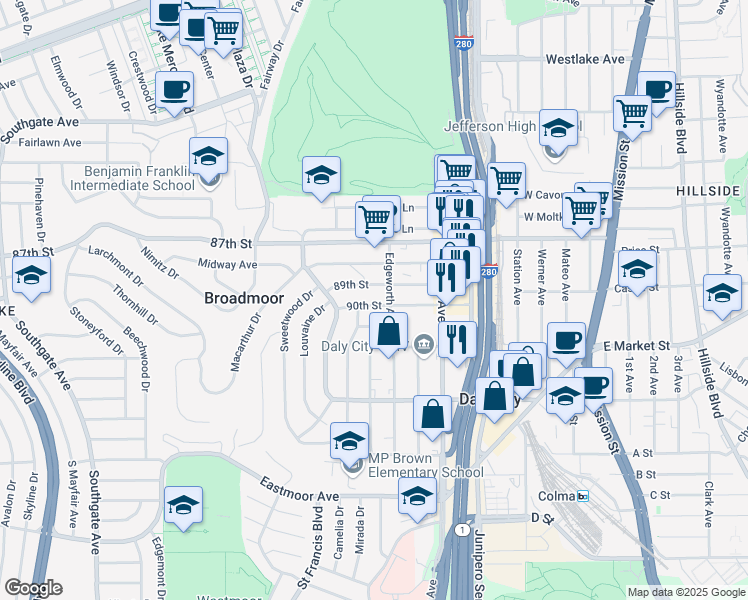 map of restaurants, bars, coffee shops, grocery stores, and more near 414 89th Street in Daly City