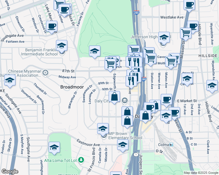 map of restaurants, bars, coffee shops, grocery stores, and more near 414 89th Street in Daly City