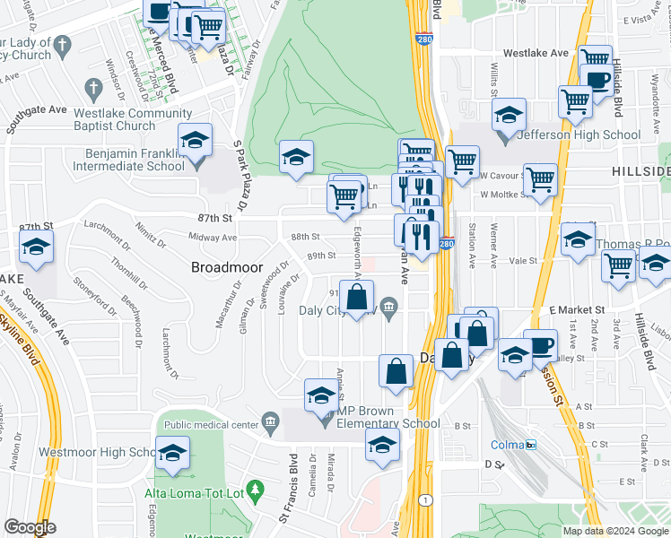 map of restaurants, bars, coffee shops, grocery stores, and more near 414 89th Street in Daly City