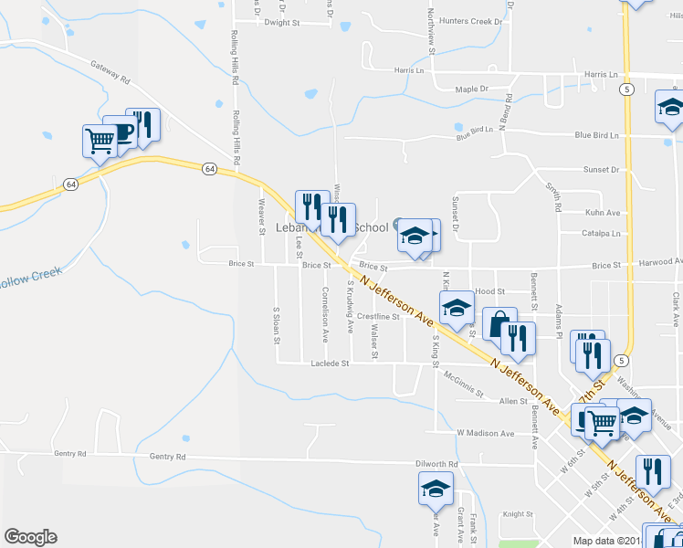 map of restaurants, bars, coffee shops, grocery stores, and more near 1405 North Jefferson Avenue in Lebanon