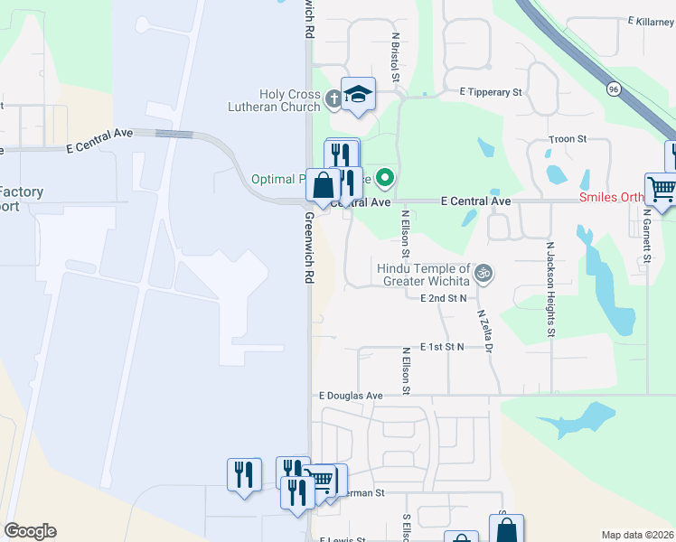 map of restaurants, bars, coffee shops, grocery stores, and more near 322 North Dowell Street in Wichita