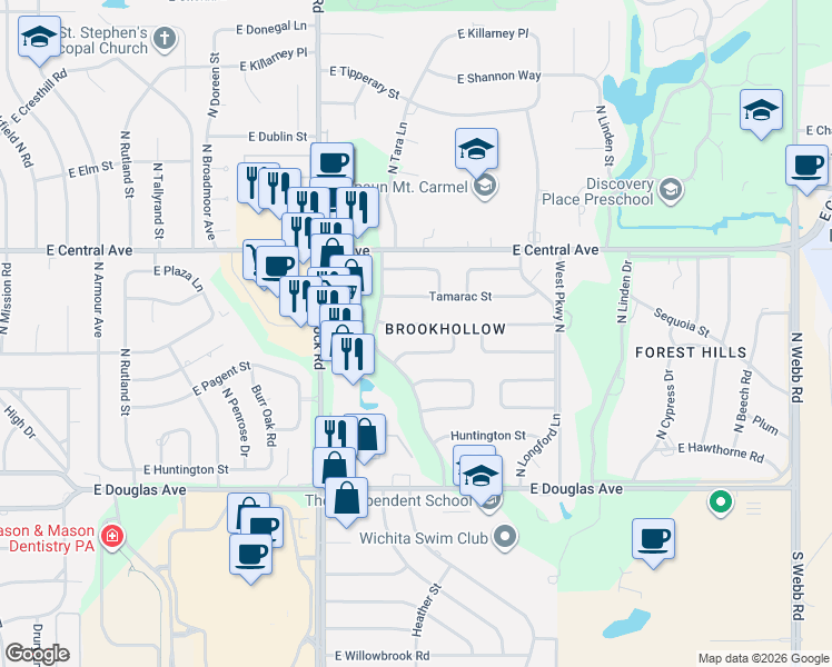 map of restaurants, bars, coffee shops, grocery stores, and more near 8230 Tamarac Street in Wichita