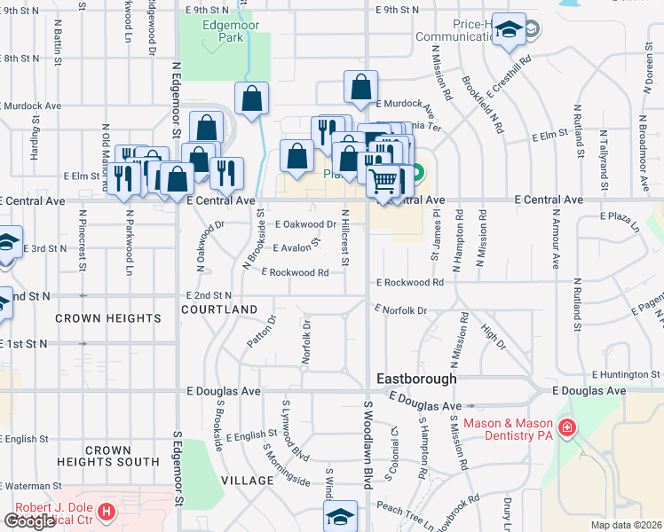 map of restaurants, bars, coffee shops, grocery stores, and more near 5800-6098 East Avalon Court in Wichita