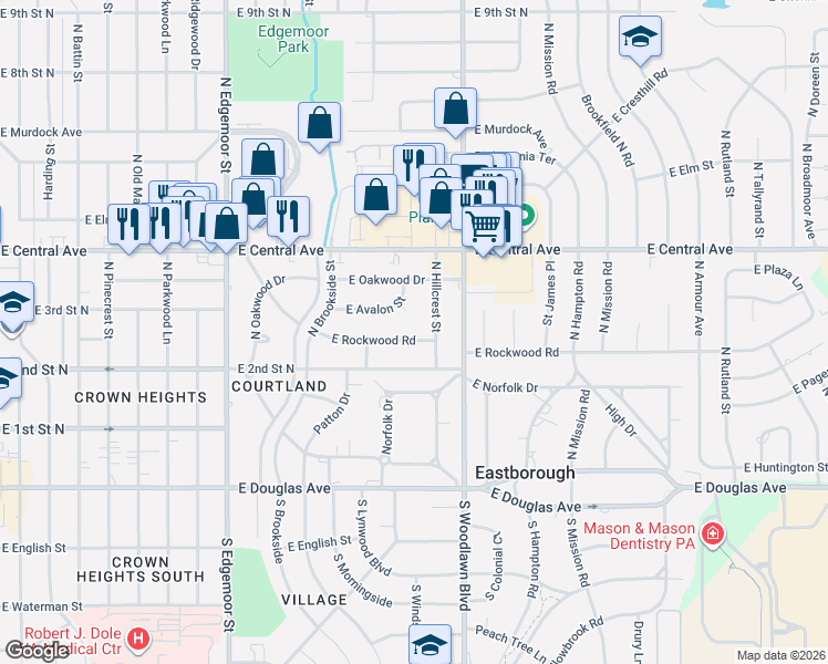 map of restaurants, bars, coffee shops, grocery stores, and more near 5800-6098 East Avalon Court in Wichita