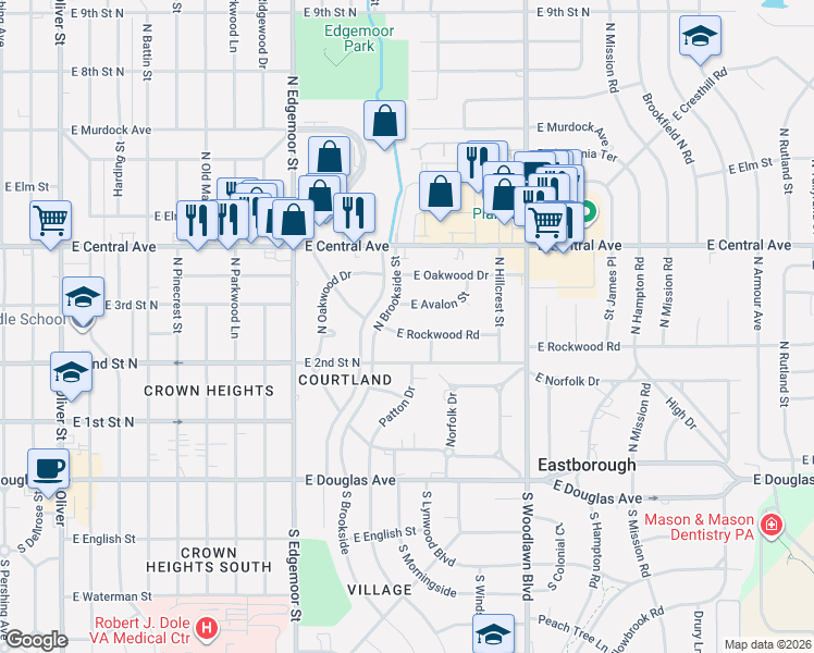 map of restaurants, bars, coffee shops, grocery stores, and more near 346 North Brookside Street in Wichita