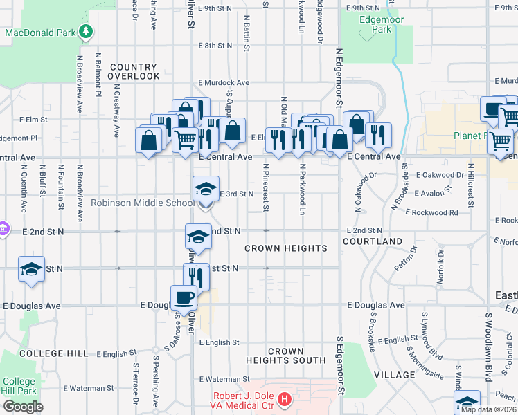 map of restaurants, bars, coffee shops, grocery stores, and more near 5100-5198 E 3rd Street North in Wichita
