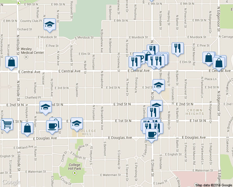 map of restaurants, bars, coffee shops, grocery stores, and more near 401 North Crestway Street in Wichita