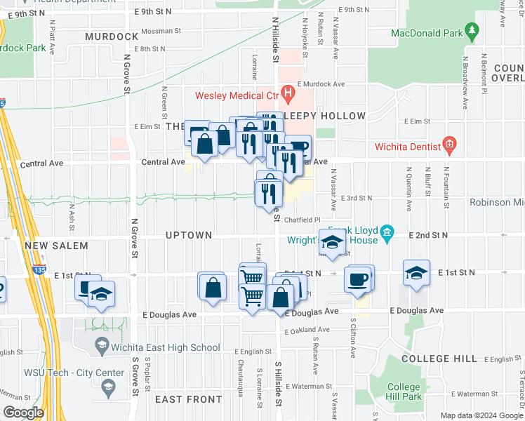map of restaurants, bars, coffee shops, grocery stores, and more near 401 North Lorraine in Wichita