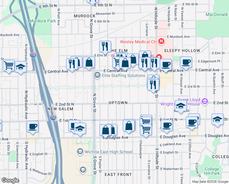 map of restaurants, bars, coffee shops, grocery stores, and more near 402 North Estelle Street in Wichita