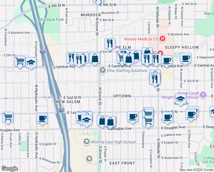 map of restaurants, bars, coffee shops, grocery stores, and more near 401 North Green Street in Wichita