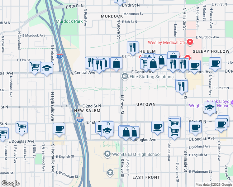 map of restaurants, bars, coffee shops, grocery stores, and more near 400-498 N Grove Dr in Wichita