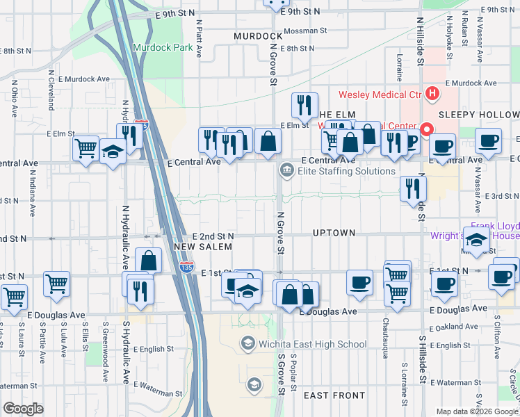 map of restaurants, bars, coffee shops, grocery stores, and more near 401 North Spruce Street in Wichita