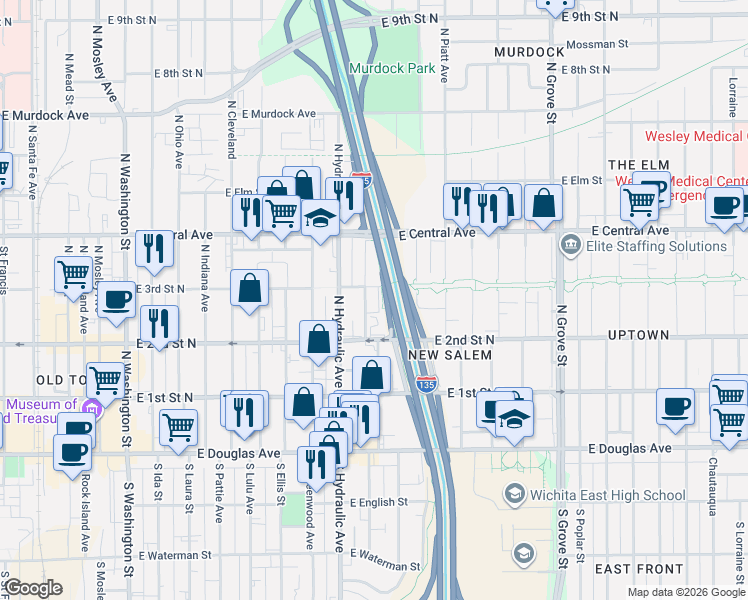 map of restaurants, bars, coffee shops, grocery stores, and more near 1818 E 3rd Street North in Wichita