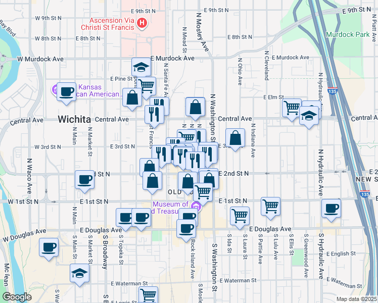 map of restaurants, bars, coffee shops, grocery stores, and more near 400 North Mead in Wichita