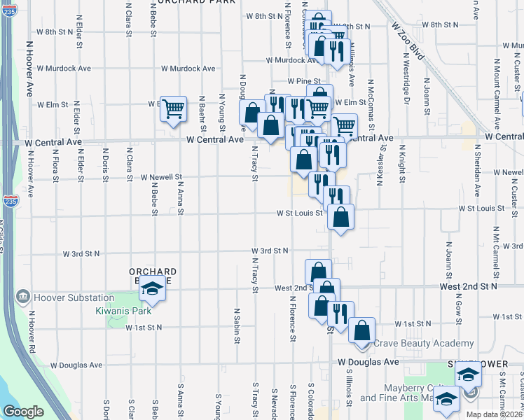 map of restaurants, bars, coffee shops, grocery stores, and more near 534 North Tracy Street in Wichita
