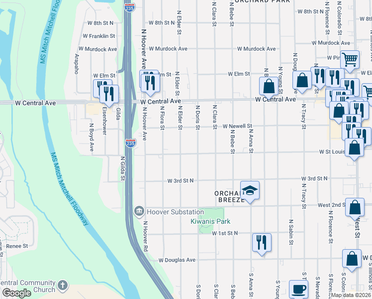 map of restaurants, bars, coffee shops, grocery stores, and more near 542 North Elder Street in Wichita