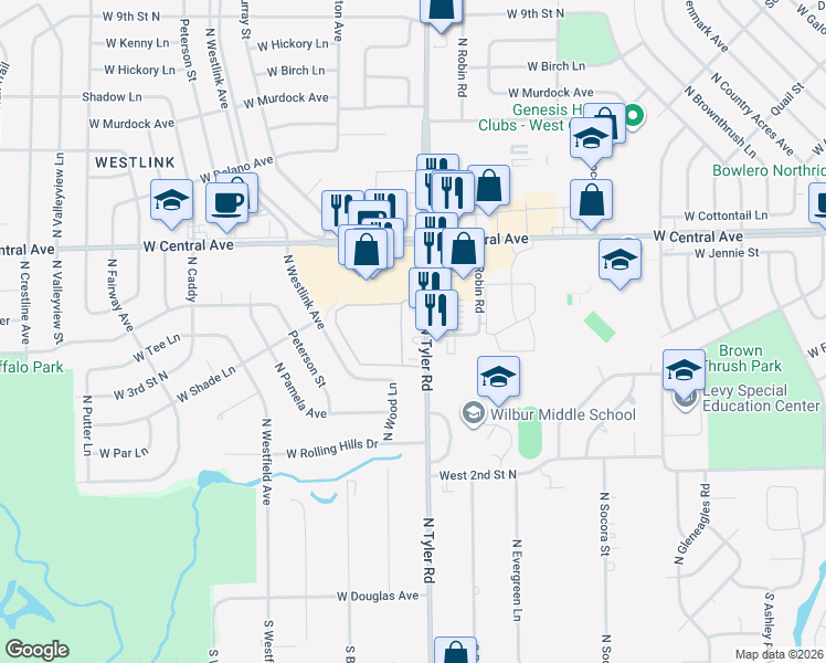 map of restaurants, bars, coffee shops, grocery stores, and more near 549 North Tyler Road in Wichita