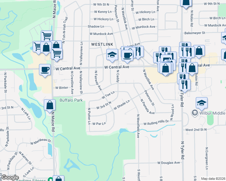 map of restaurants, bars, coffee shops, grocery stores, and more near 501-599 N Caddy in Wichita