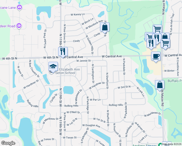 map of restaurants, bars, coffee shops, grocery stores, and more near 525 North Parkridge Street in Wichita