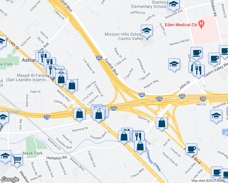 map of restaurants, bars, coffee shops, grocery stores, and more near 1765 Santa Cruz Way in Hayward